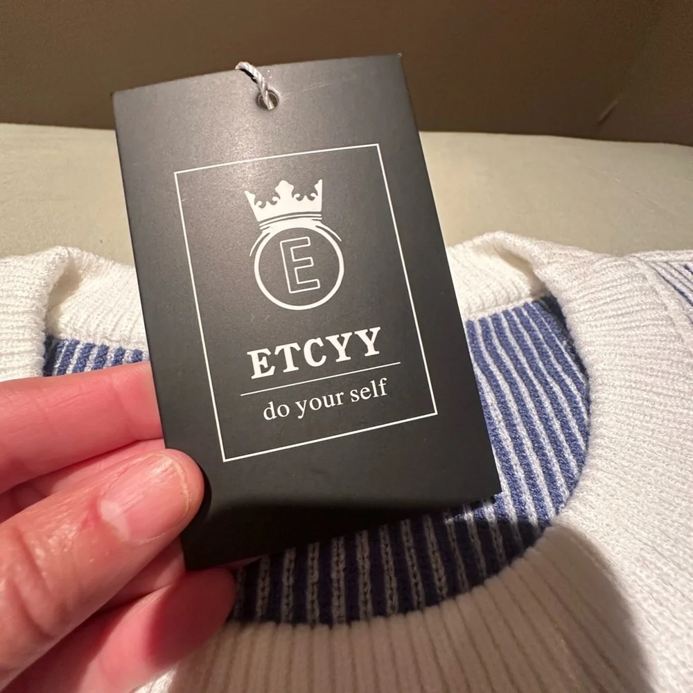 Striped Navy and White Crewneck Sweater by ETCYY oversized long sleeve new - Picture 6 of 7